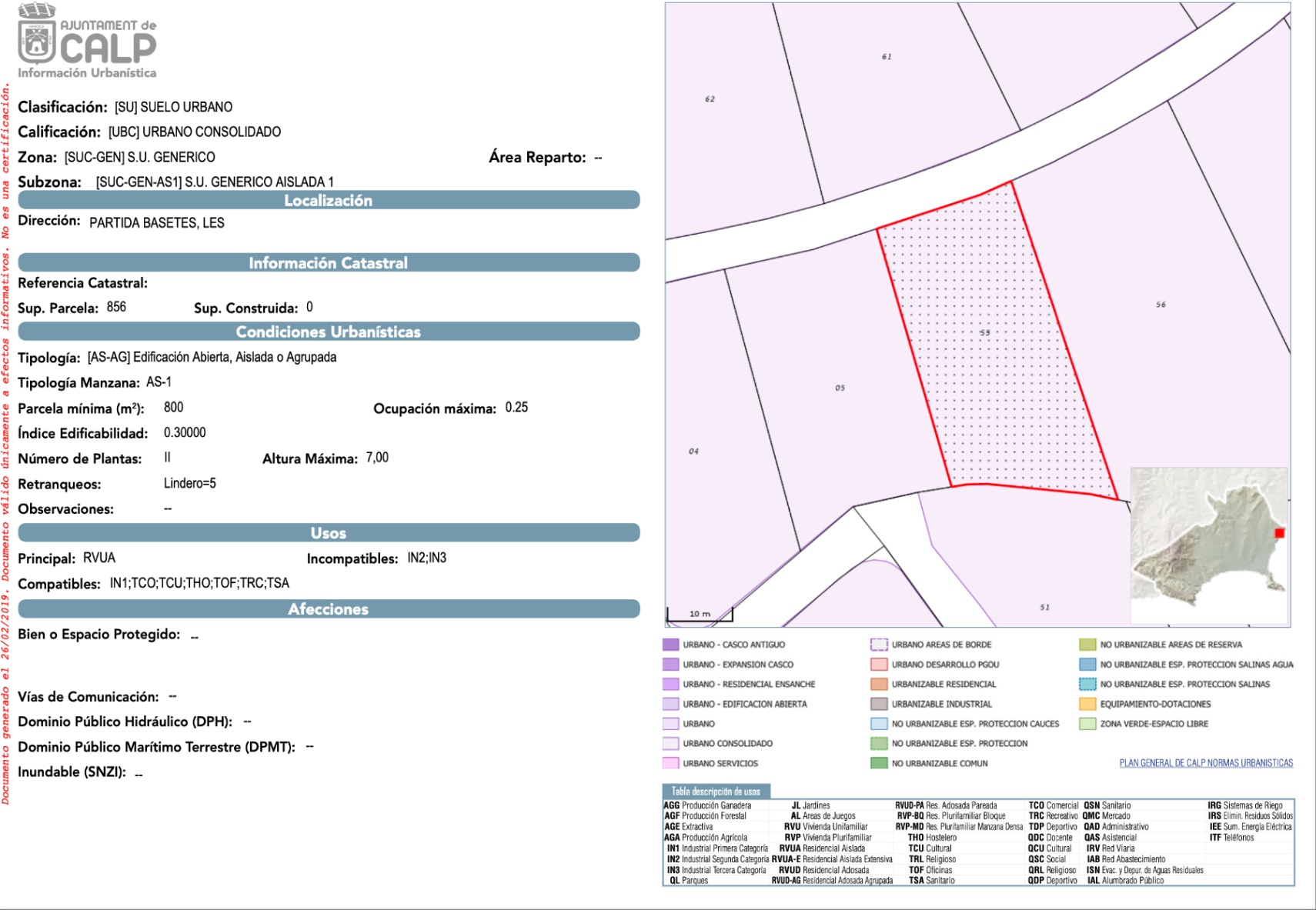Plano urbanístico oficial de la parcela en Bassetes, Calpe, detallando una superficie de 856 m², edificabilidad de 0,30 y normativa para vivienda unifamiliar aislada.