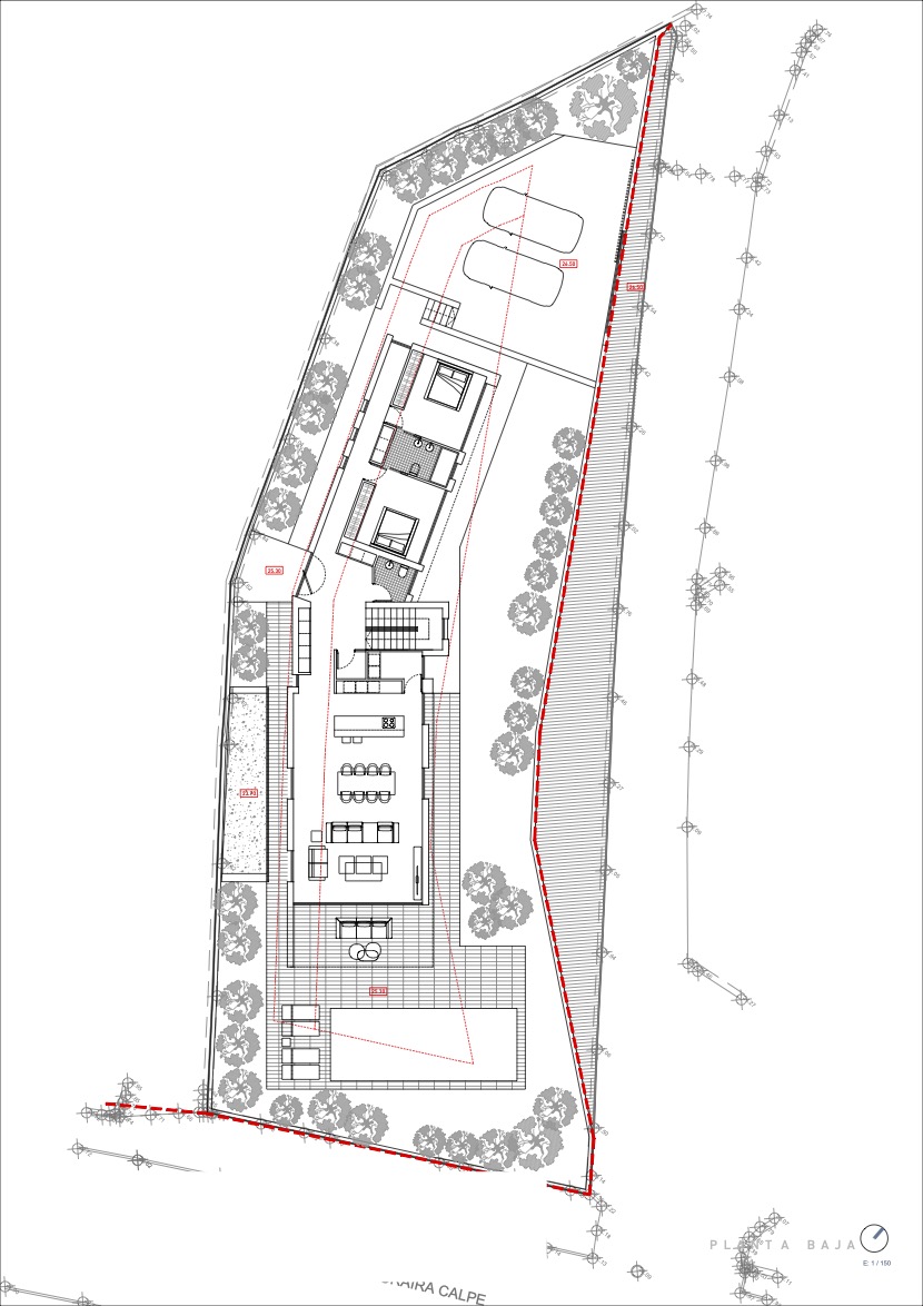 Plano detallado de la planta baja que muestra la distribución diáfana del salón-comedor, cocina abierta, dormitorios, zona de piscina y aparcamiento privado en la parcela.