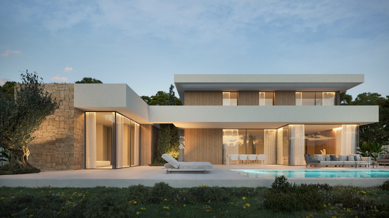 Fachada moderna de estilo ibicenco con muros de piedra natural, revestimiento de madera y amplios ventanales frente a la piscina privada y zona de estar exterior.