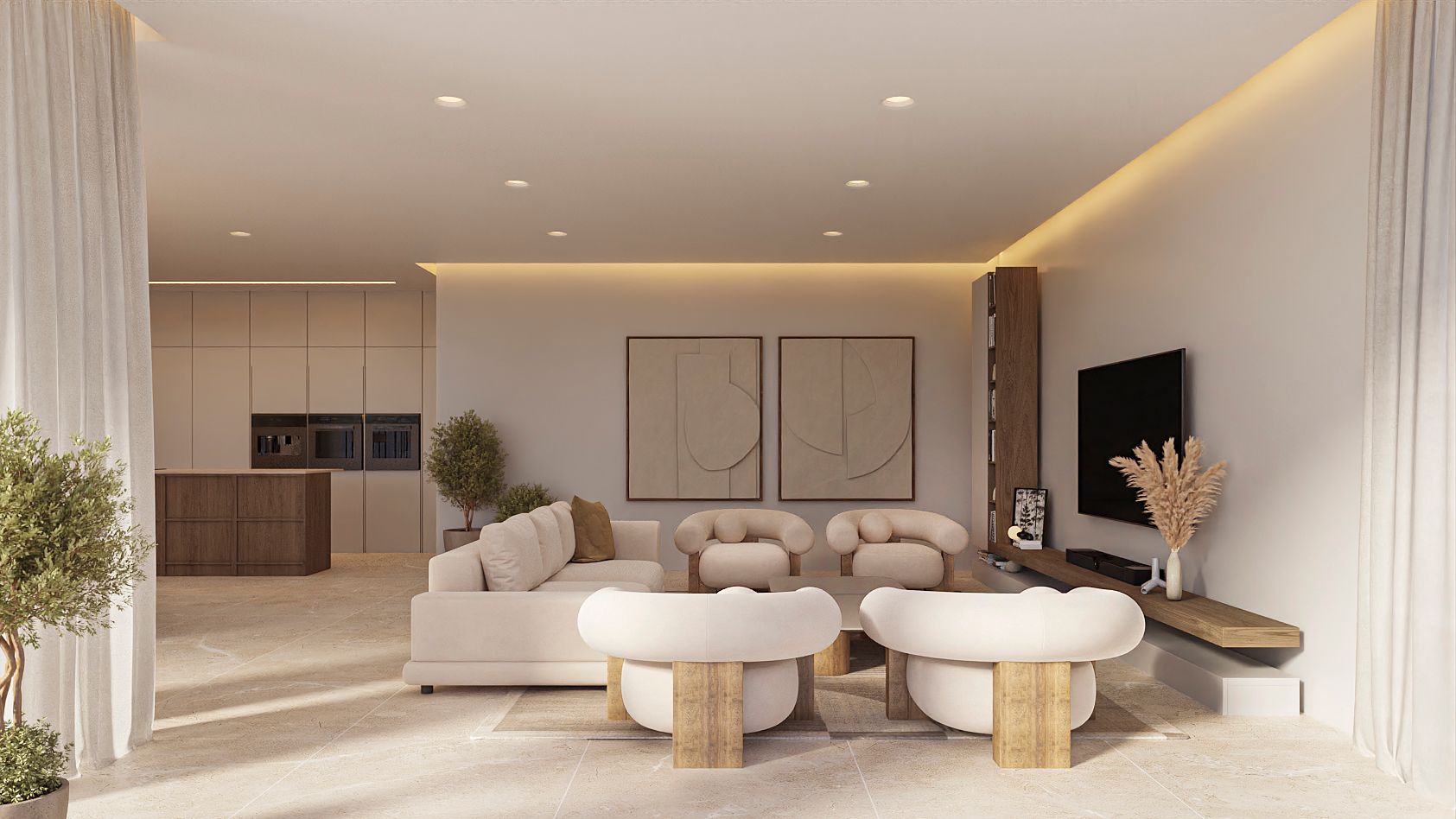 Salón de concepto abierto con mobiliario de diseño en tonos neutros, iluminación indirecta y suelos de piedra natural que conectan con la cocina integrada.