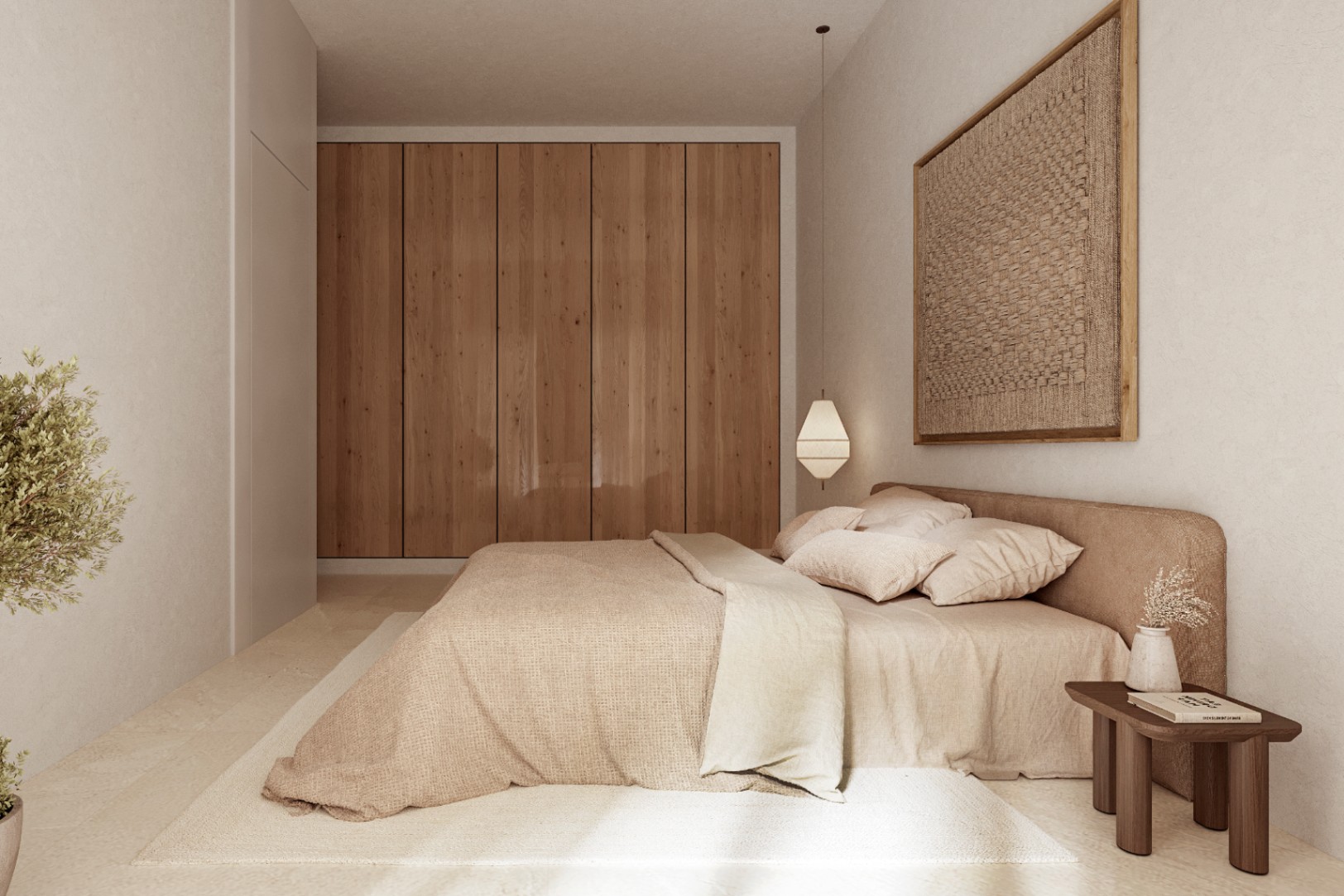 Dormitorio de estilo ibicenco con armarios empotrados de madera, paredes texturizadas y textiles de lino en tonos neutros que crean un ambiente sereno.
