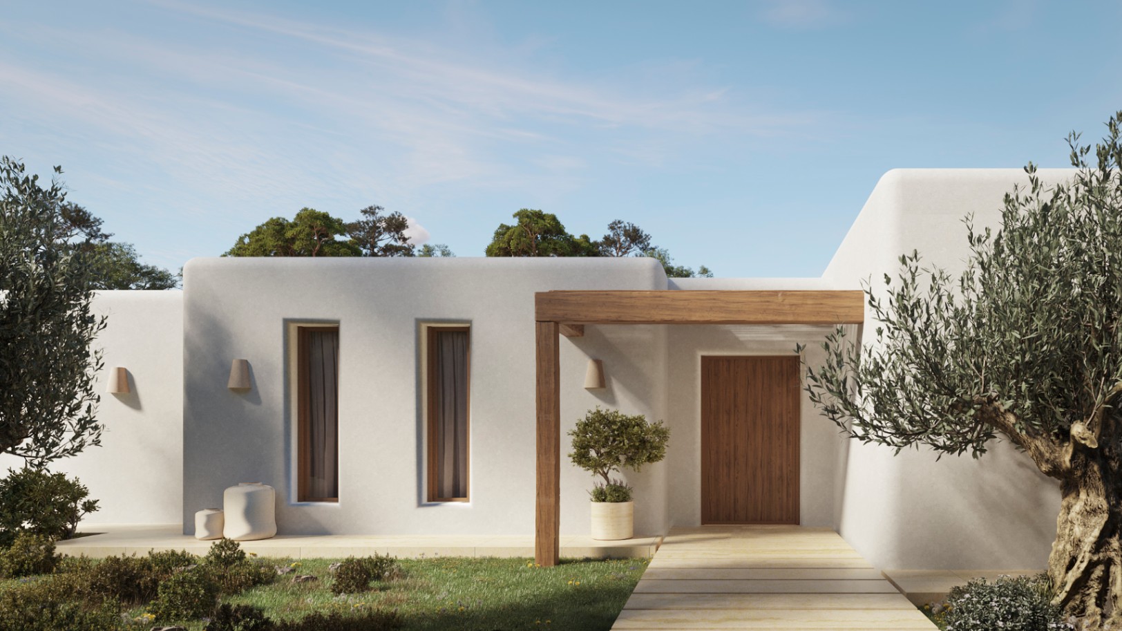 Entrada principal de estilo ibicenco con muros de estuco blanco, vigas de madera natural y puerta a juego, rodeada de olivos y vegetación mediterránea.