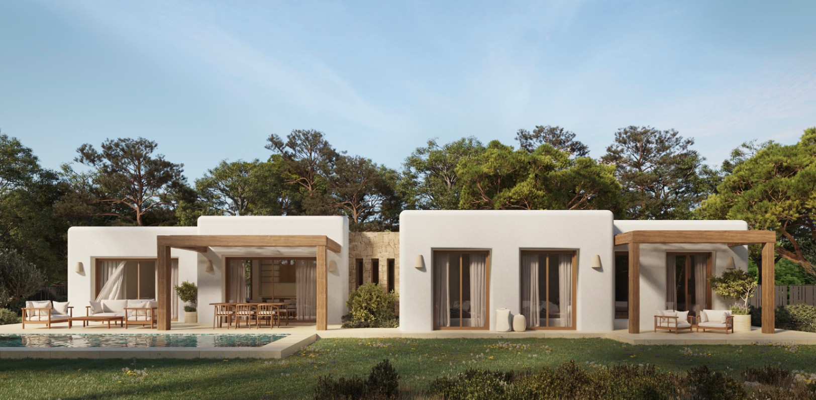 Fachada de estilo ibicenco con muros blancos, vigas de madera natural y amplios ventanales que conectan el interior con la piscina y el jardín rodeado de pinos.
