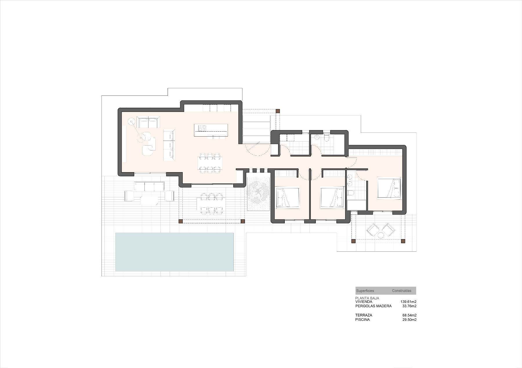 Plano detallado de la planta baja que muestra la distribución de tres dormitorios, zona de estar diáfana y amplia terraza con piscina privada de 29 m².