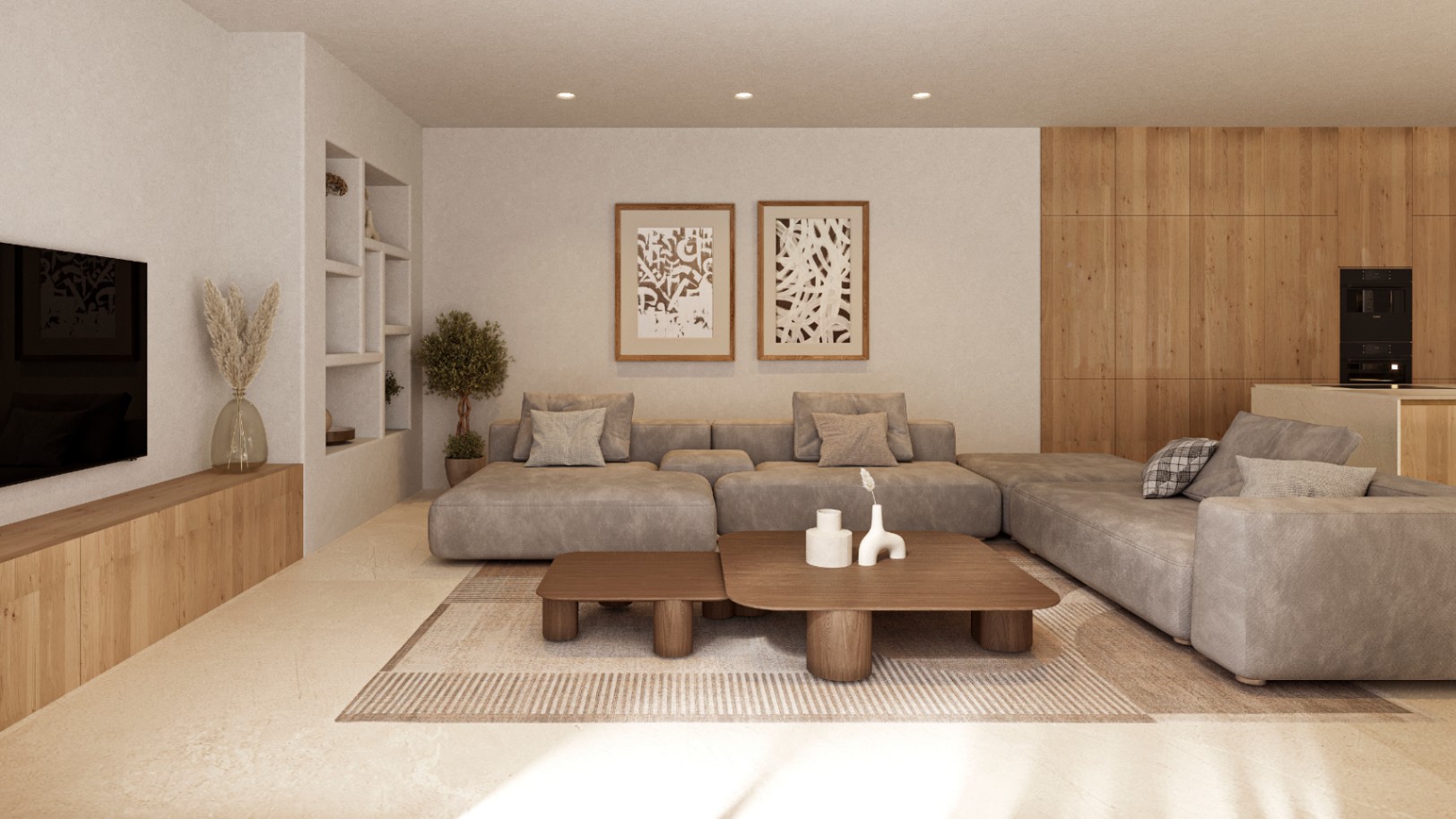 Salón de concepto abierto con sofá modular gris, mesas de centro de madera y estanterías integradas. Los paneles de roble conectan la zona de estar con la cocina.