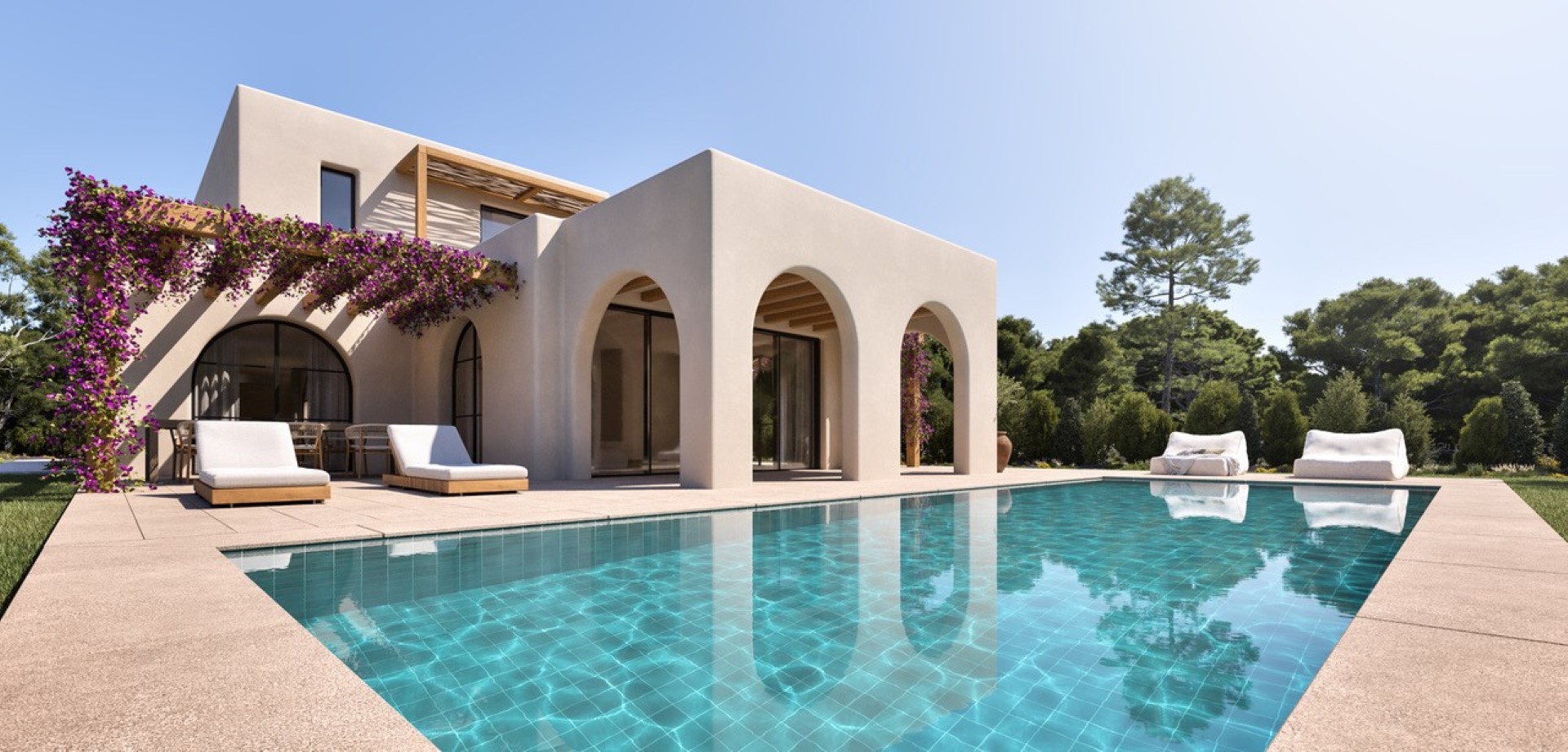 Exterior de villa con piscina turquesa, naya de arcos mediterráneos y pérgolas de madera con buganvillas integradas en el jardín.