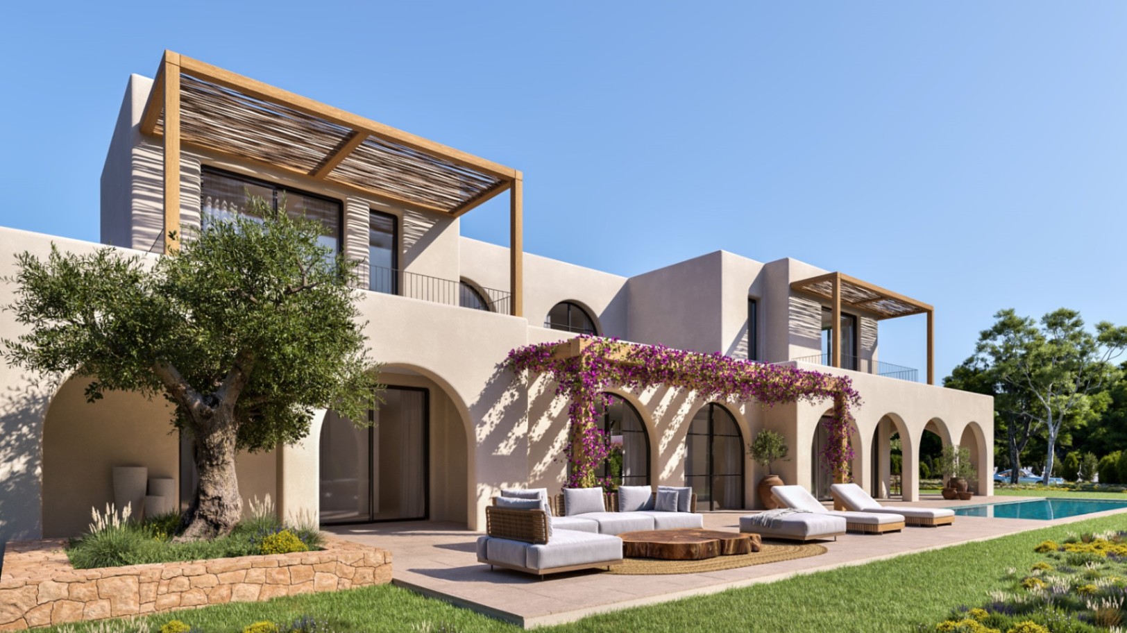 Fachada exterior con naya de arcos, pérgolas de madera y buganvilias. Incluye zona de estar al aire libre, olivo centenario y piscina integrada en el jardín mediterráneo.