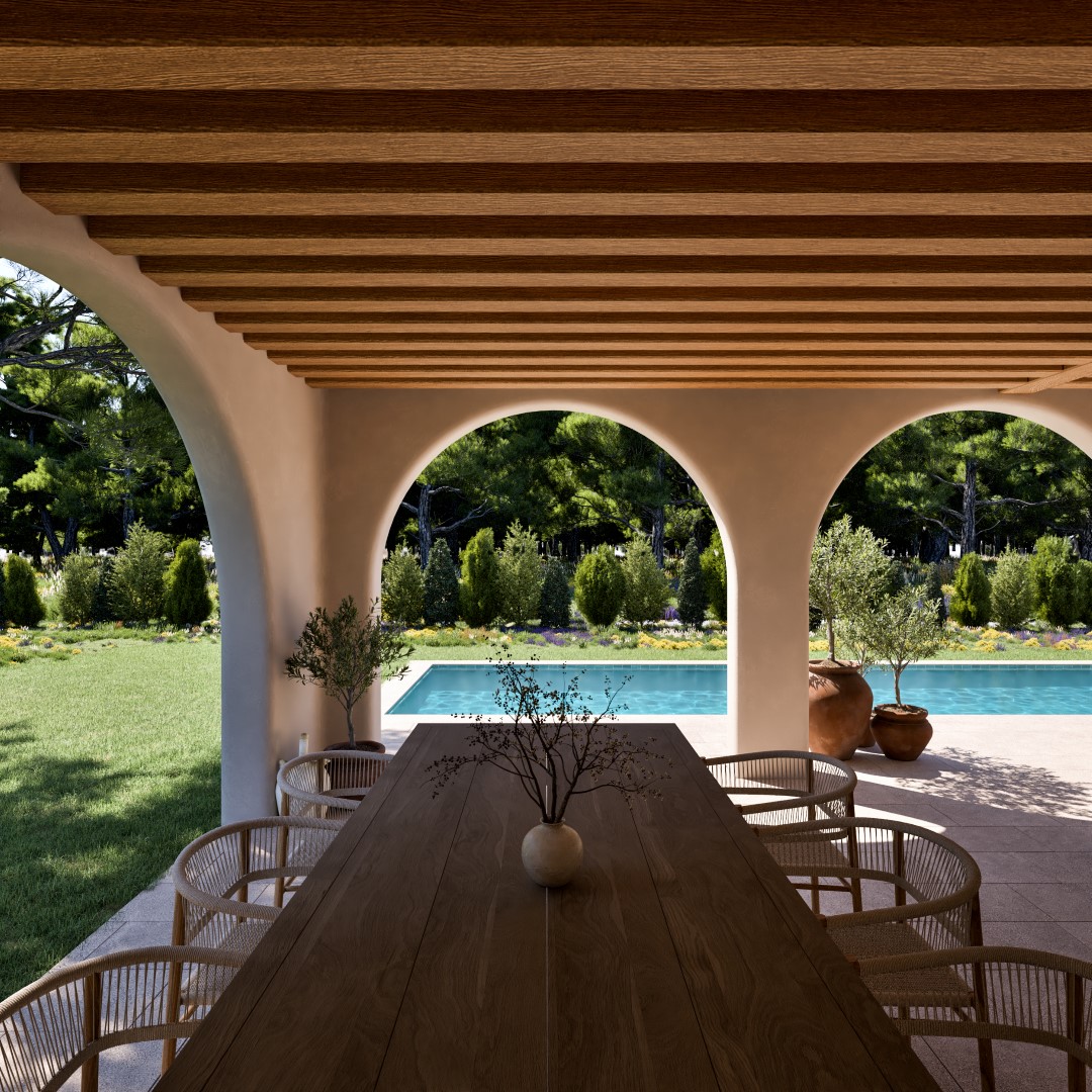 Naya mediterránea con arcos, techo de vigas de madera y zona de comedor exterior frente a la piscina privada y el jardín.