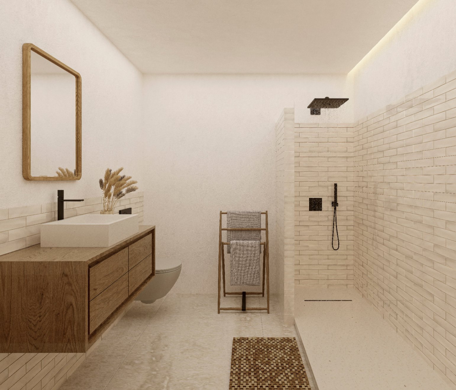 Detalle del baño con lavabo de madera, ducha de obra con azulejos y toallero de madera.