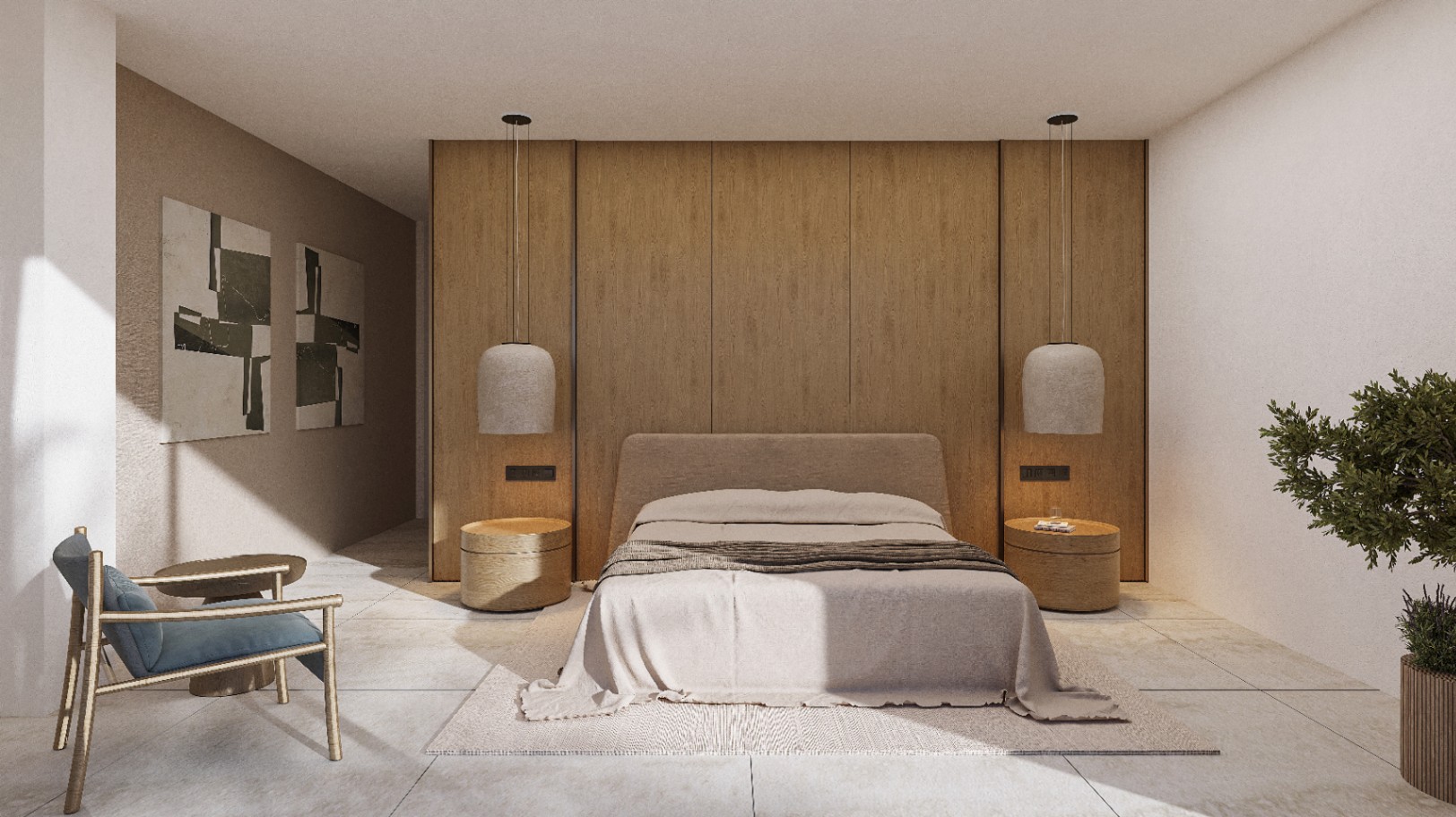 Dormitorio con pared de madera y lámparas colgantes. Cama doble con ropa de cama neutra y mesitas de noche cilíndricas.