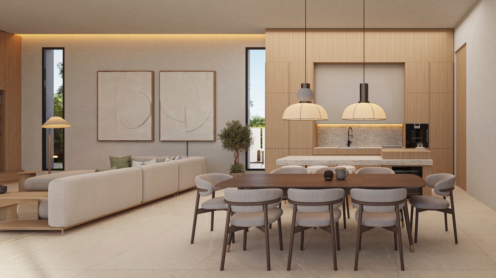 Comedor diáfano con mesa de madera oscura y sillas tapizadas, integrado con una cocina de diseño en madera natural y encimera de piedra.