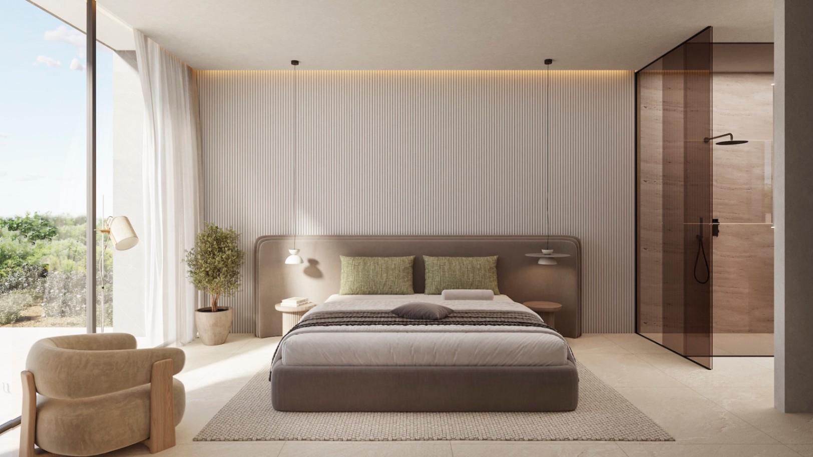 Dormitorio principal con pared de listones verticales, iluminación LED indirecta y baño integrado con ducha de cristal ahumado y acabados en piedra natural.