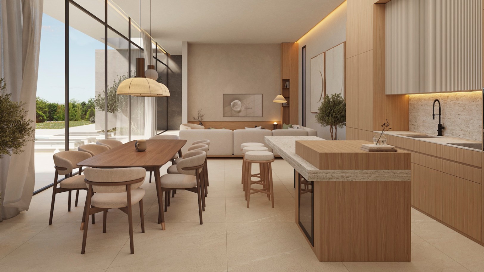 Salón-comedor diáfano con cocina integrada, destacando la isla de piedra y madera, grandes ventanales de suelo a techo y una paleta de tonos neutros y materiales naturales.