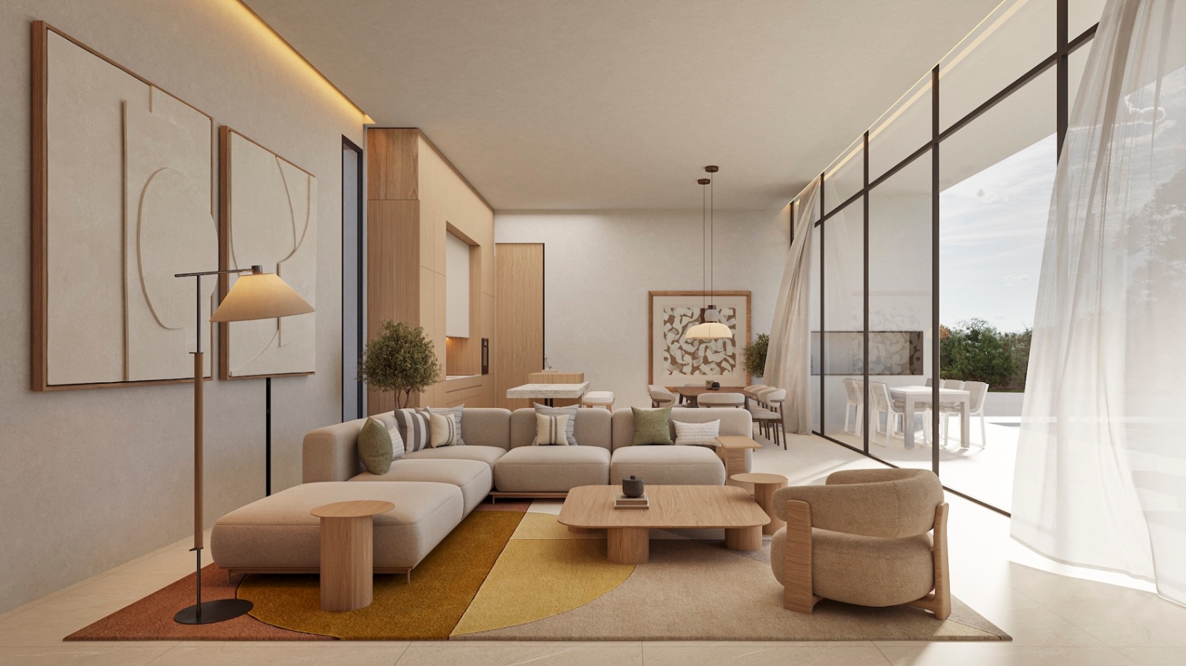 Salón de concepto abierto con mobiliario en tonos neutros, ventanales de suelo a techo y cocina integrada con carpintería de madera clara y acabados minimalistas.