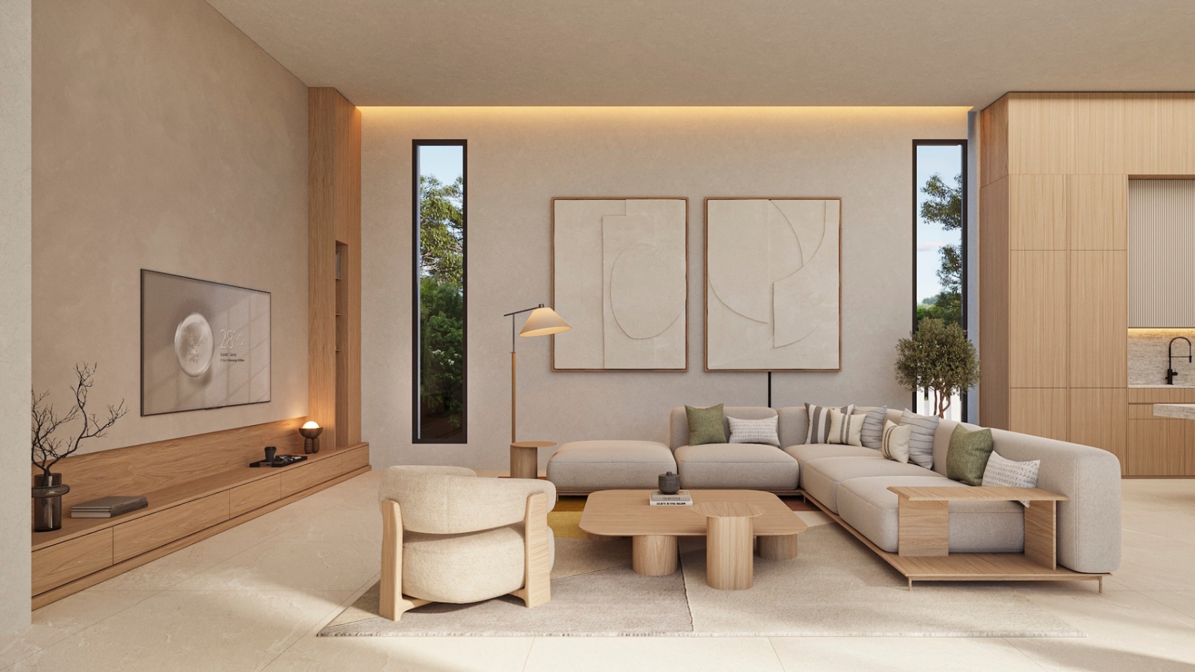 Salón de diseño contemporáneo con mobiliario integrado en madera de roble, sofás en tonos neutros e iluminación indirecta LED que realza las texturas de las paredes.