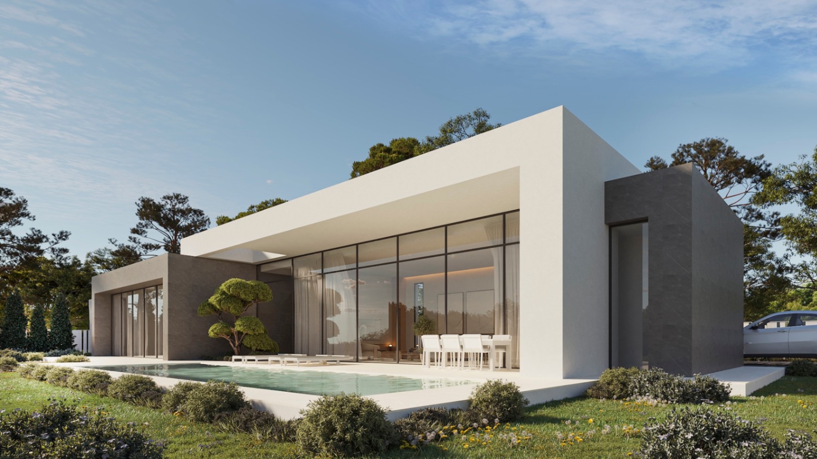 Villa moderna de una planta con grandes ventanales, terraza con comedor exterior y piscina rectangular integrada en un jardín paisajístico.