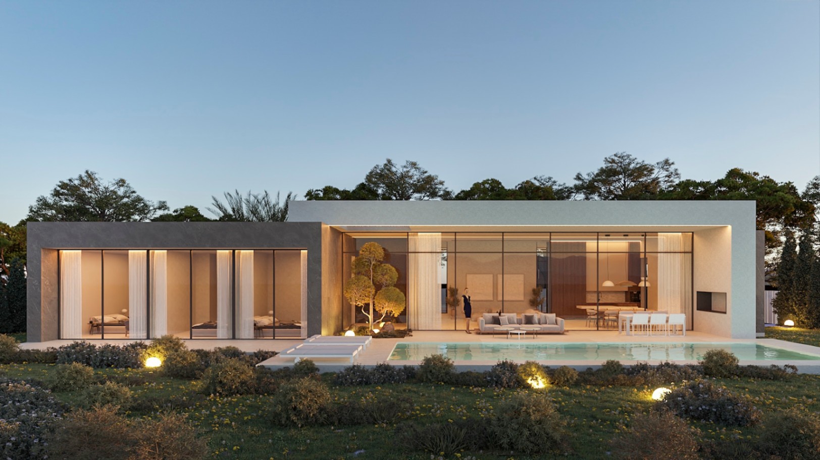 Vista exterior de la villa de diseño contemporáneo con grandes ventanales, piscina iluminada de 52 m² y jardín mediterráneo con iluminación decorativa esférica.