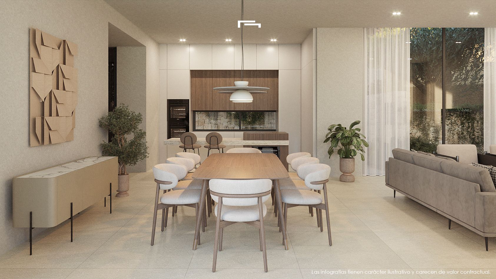 Comedor de concepto abierto con mesa de madera y cocina minimalista integrada, destacando los acabados en madera, iluminación empotrada y vistas al patio.
