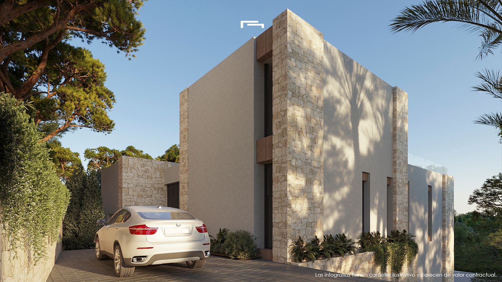 Fachada exterior moderna con muros de piedra natural y enfoscado liso, destacando el acceso vehicular y la integración de vegetación mediterránea bajo un cielo despejado.