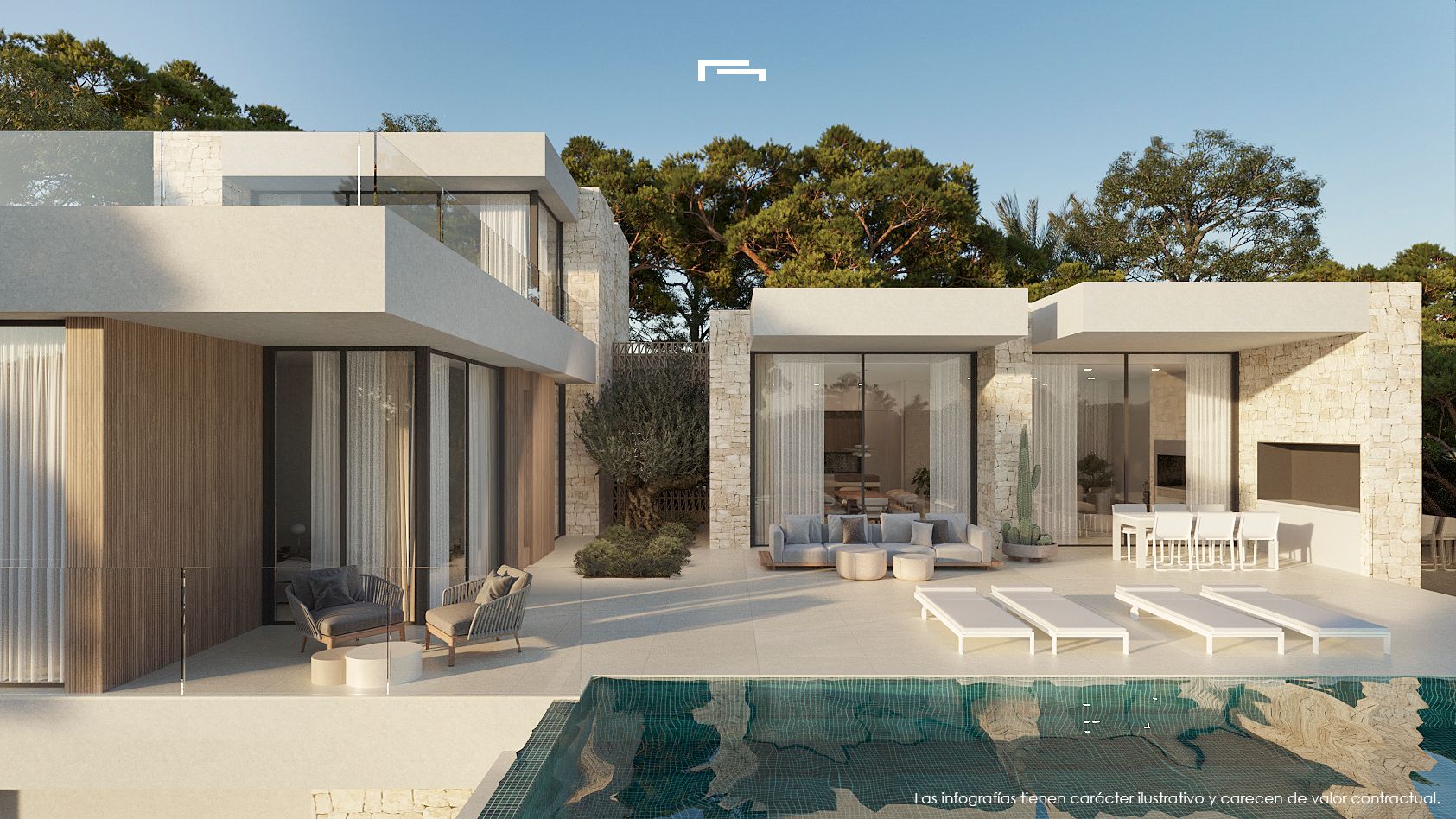 Fachada moderna con muros de piedra natural y madera, terraza con piscina, zona de estar exterior y comedor bajo un entorno de pinos mediterráneos.