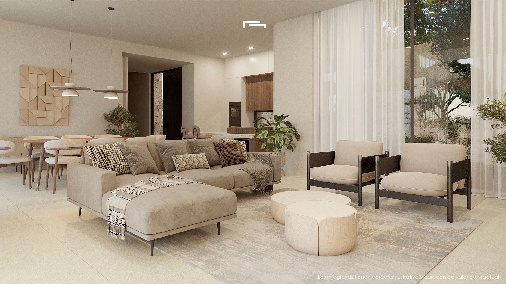 Salón de concepto abierto con mobiliario contemporáneo en tonos neutros, grandes ventanales con cortinas traslúcidas y zona de comedor integrada con luminarias suspendidas.