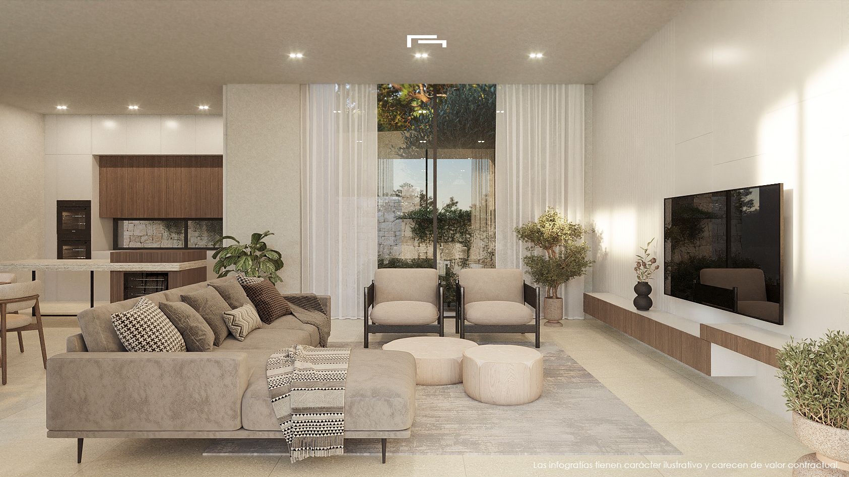 Salón de concepto abierto con sofás en tonos neutros, mueble de TV suspendido y cocina integrada con acabados en madera y piedra natural.