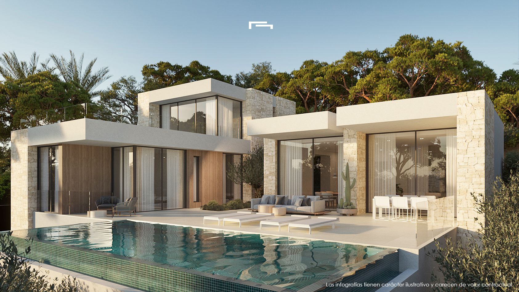 Vista exterior de la villa con piscina infinita, fachada de piedra natural y grandes ventanales que integran los salones con la terraza y el entorno boscoso.