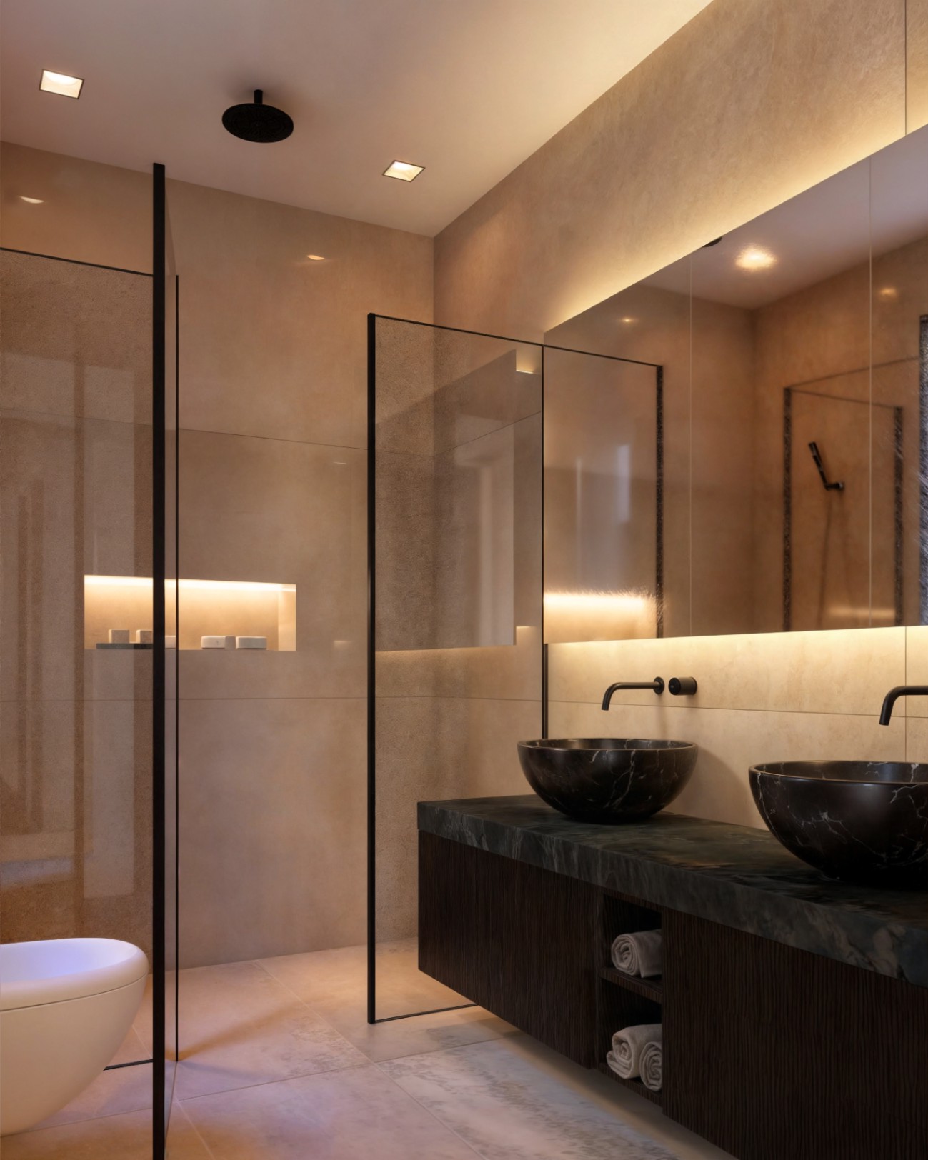 Baño de diseño con lavabos dobles de mármol oscuro sobre mueble de madera, grifería negra empotrada, espejo retroiluminado y ducha con mampara de cristal.