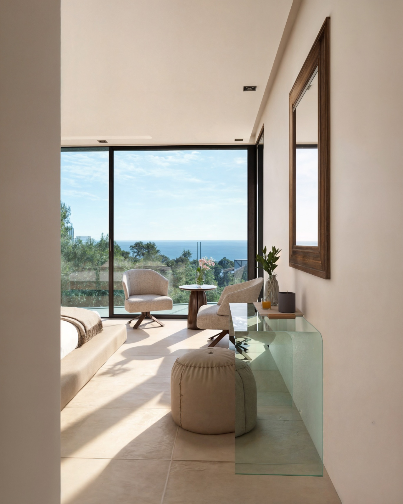 Dormitorio principal con zona de estar, ventanales de suelo a techo con vistas al mar, consola de cristal y suelos de gres en tonos neutros.