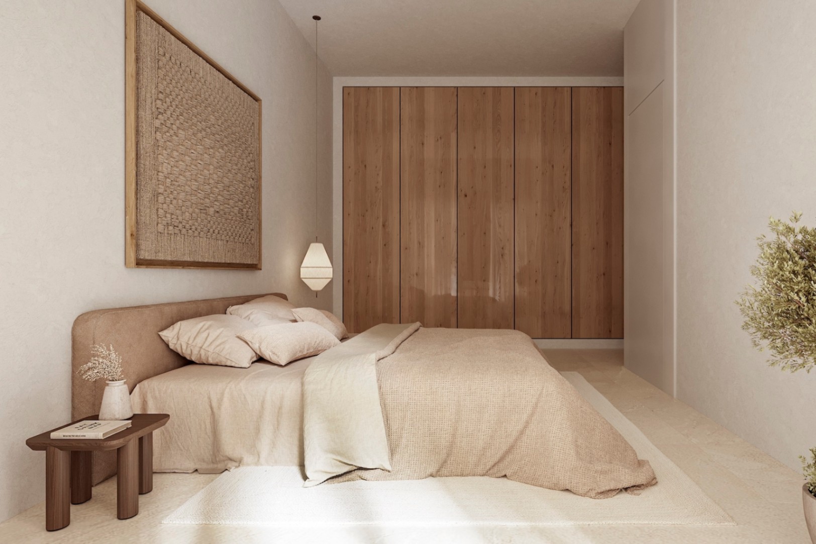 Dormitorio de diseño minimalista con armarios empotrados de madera natural, cama tapizada en tonos neutros y decoración de pared en fibras naturales.