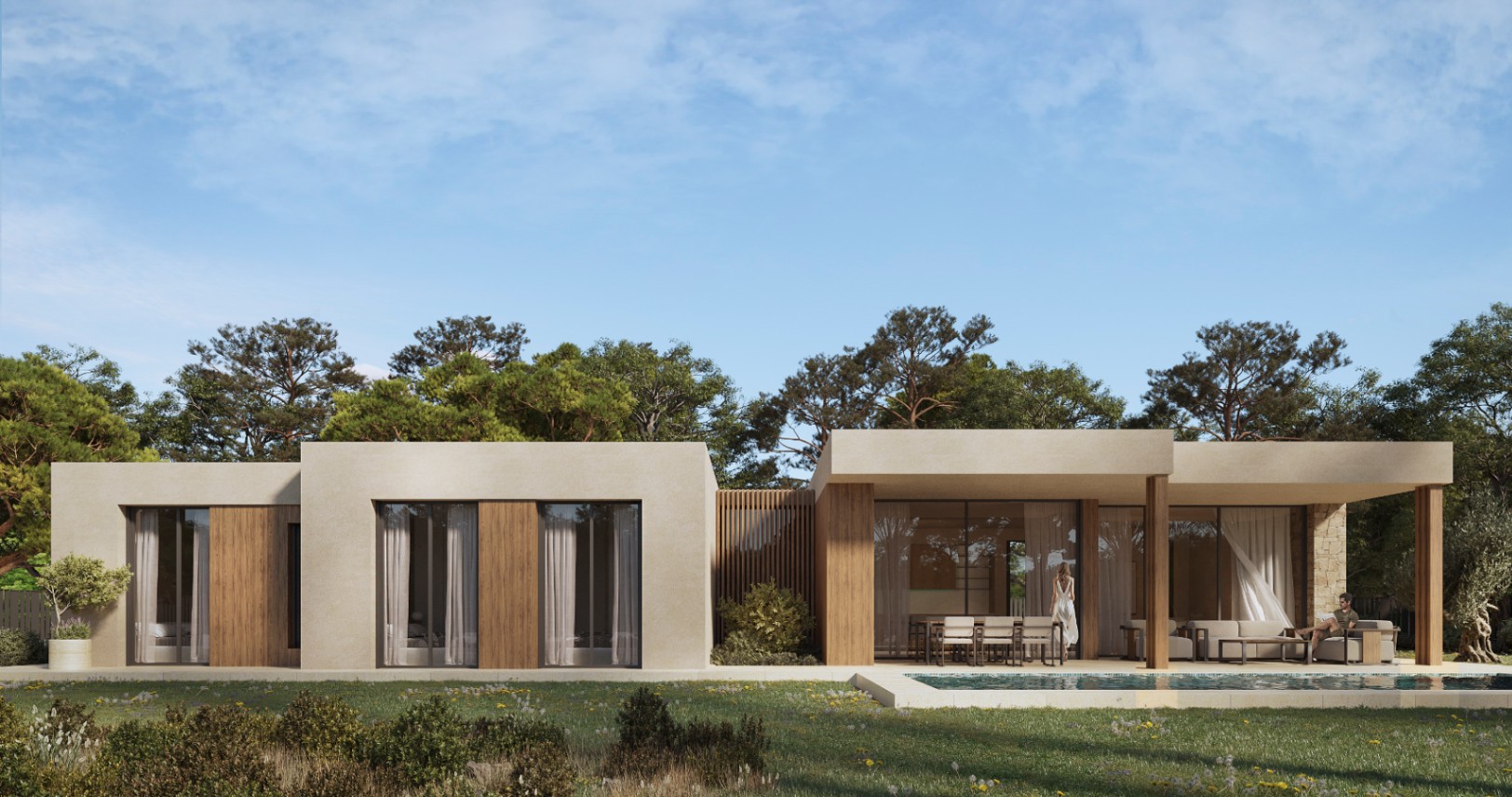 Fachada exterior de villa contemporánea con acabados en madera, porche cubierto frente a la piscina y amplios ventanales que integran el jardín con el interior de la vivienda.