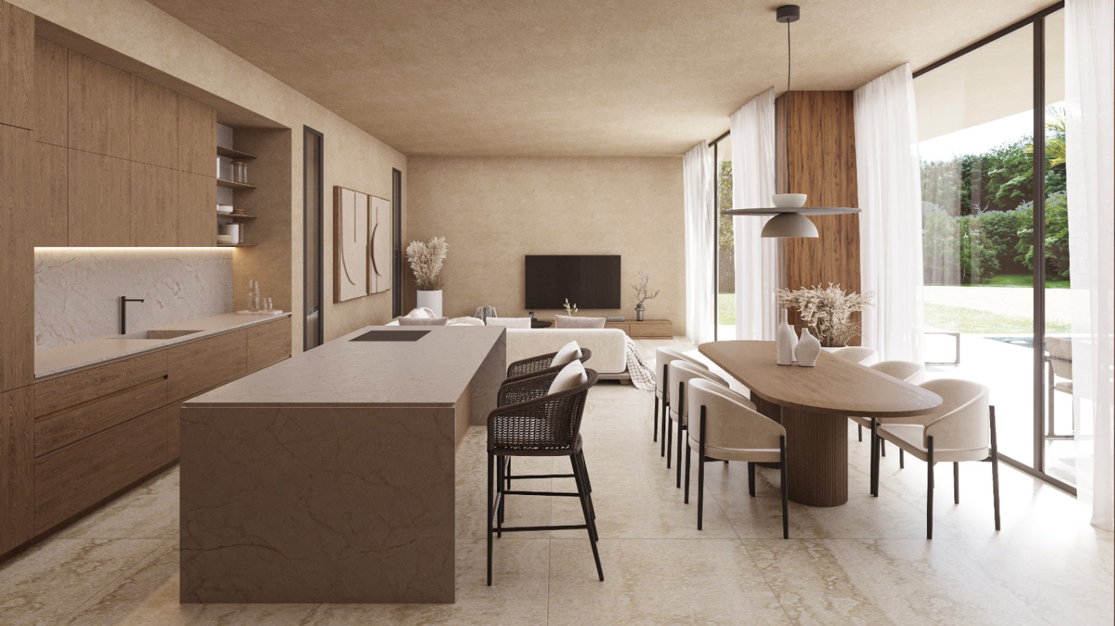 Salón-comedor diáfano con cocina de diseño en madera y piedra, grandes ventanales al jardín y acabados en tonos arena con suelos de piedra natural.