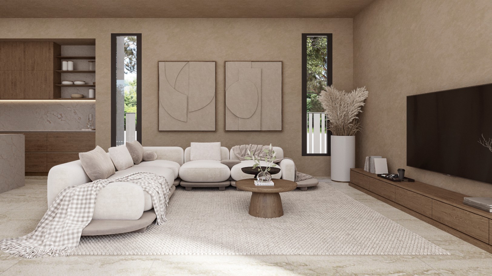 Salón de concepto abierto con sofá modular en tonos crema, paredes de textura terrosa, carpintería de madera natural y ventanales verticales que integran el exterior.
