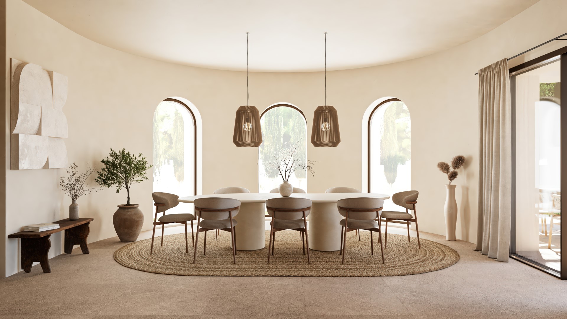 Comedor de diseño con mesa ovalada y sillas contemporáneas sobre alfombra de yute. Destacan los ventanales en arco y la iluminación suspendida en un ambiente de tonos neutros.