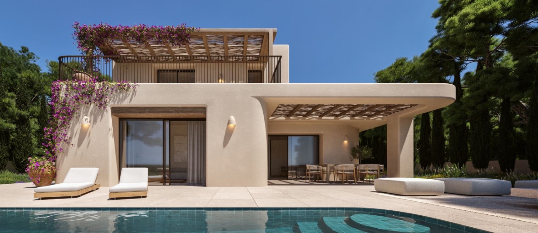 Fachada mediterránea de Villa Thalassa con piscina de gresite azul, terrazas con pérgolas de madera y buganvillas, integrando espacios exteriores e interiores.