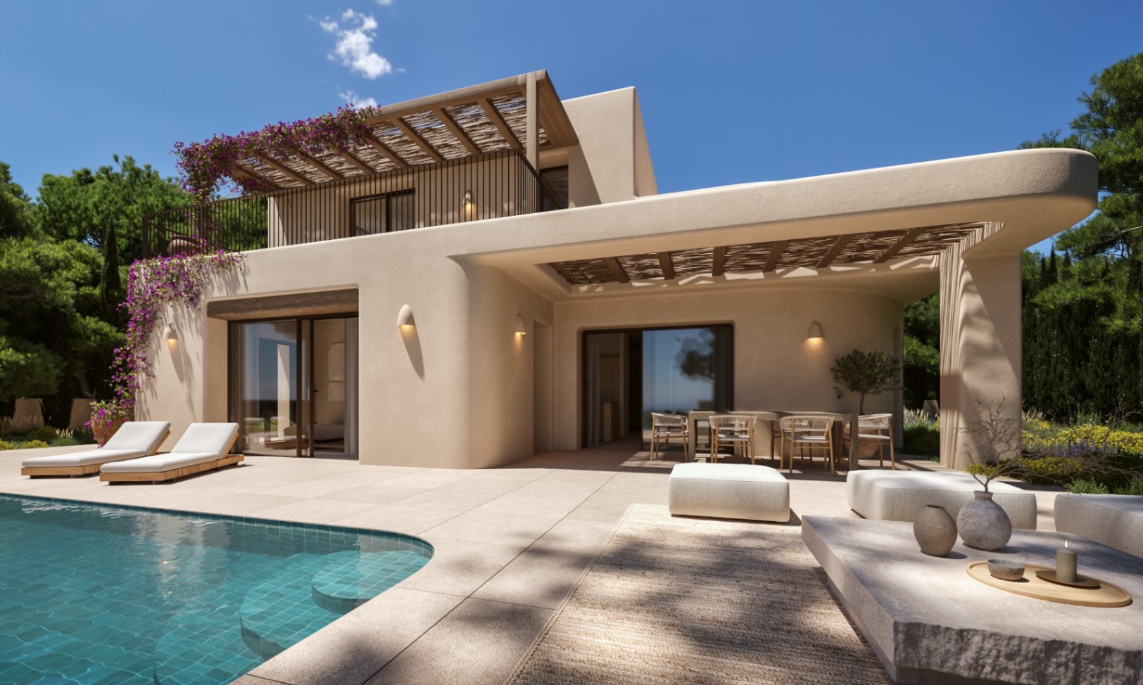 Fachada mediterránea de Villa Thalassa con piscina turquesa, terrazas de piedra y pérgolas de madera. Destacan las líneas curvas, la buganvilla y el comedor exterior sombreado.
