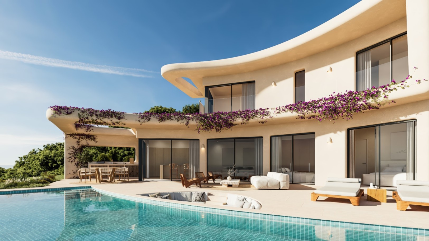 Fachada curva de estilo ibicenco con piscina desbordante, zona de estar integrada y terraza con comedor exterior bajo buganvillas.