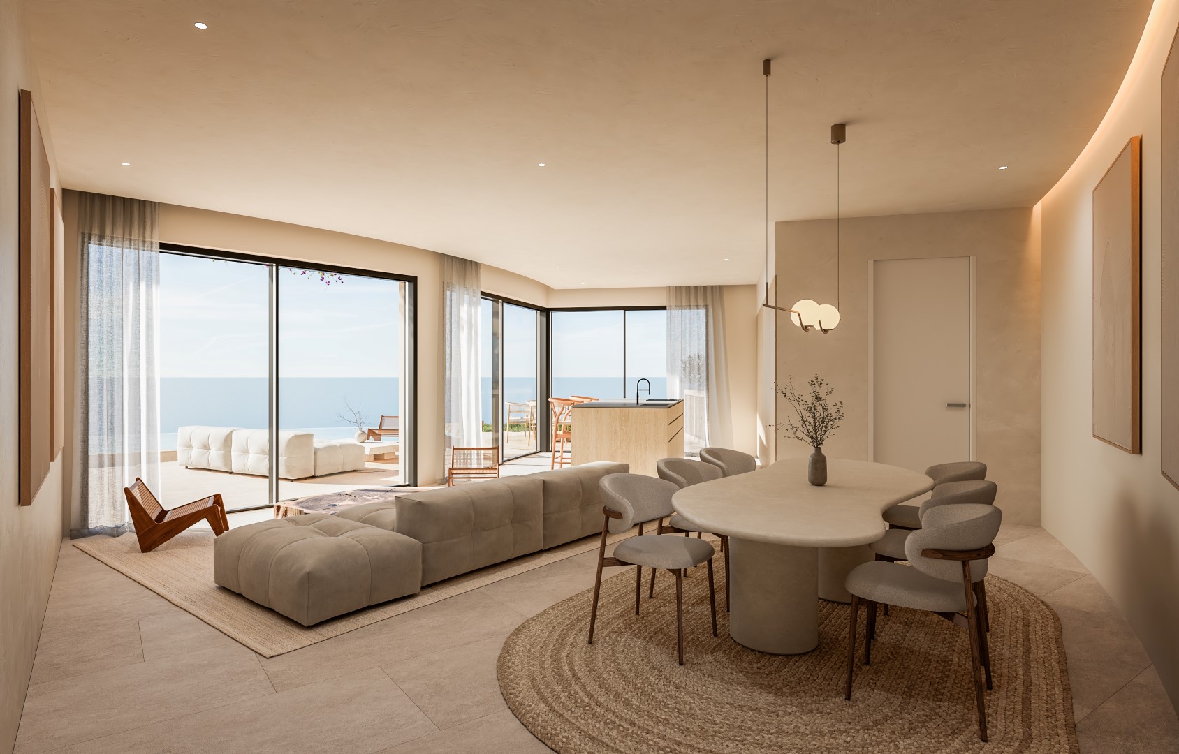 Salón-comedor de concepto abierto con mobiliario orgánico, suelos de piedra natural y grandes ventanales que ofrecen vistas panorámicas al mar Mediterráneo.