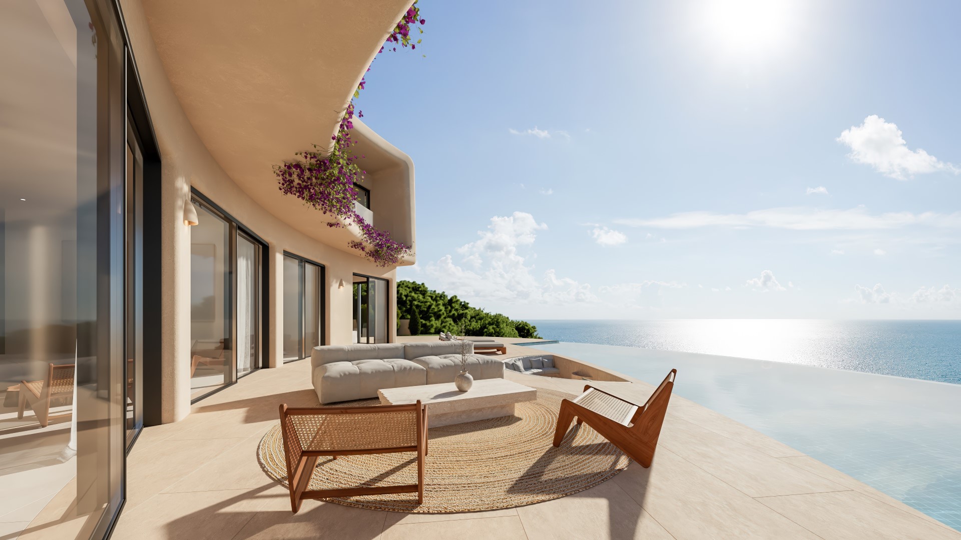 Terraza principal con piscina infinita y vistas panorámicas al mar. Mobiliario de diseño sobre alfombra de yute bajo una arquitectura de líneas curvas y buganvilias.