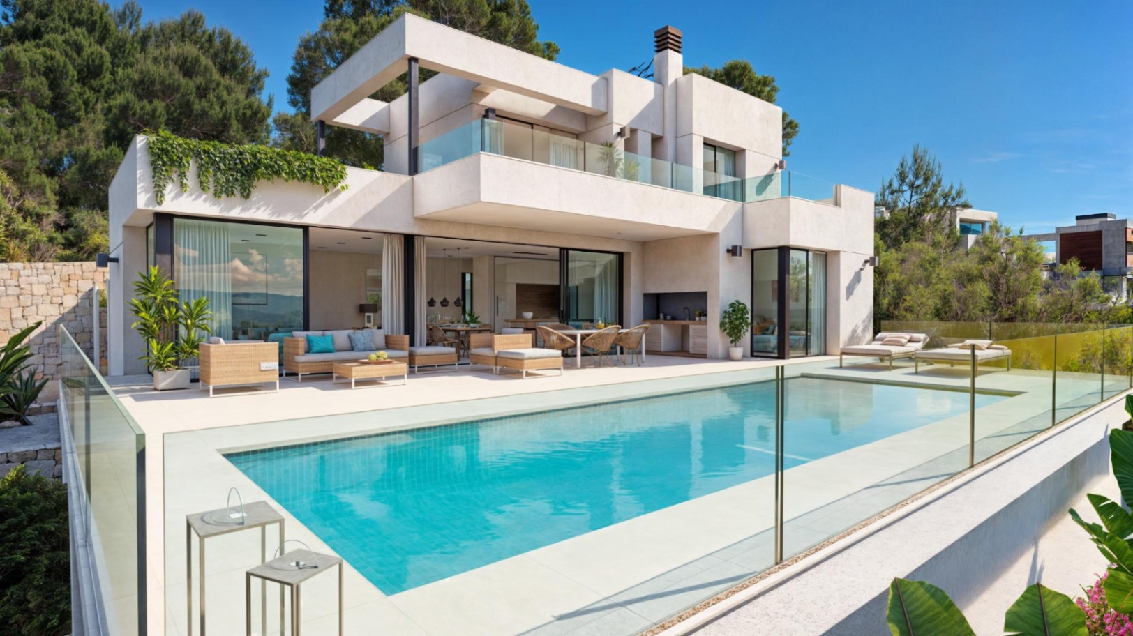 Fachada posterior de diseño contemporáneo con piscina privada, amplias terrazas, zona de comedor exterior y grandes ventanales que integran el salón con el jardín.