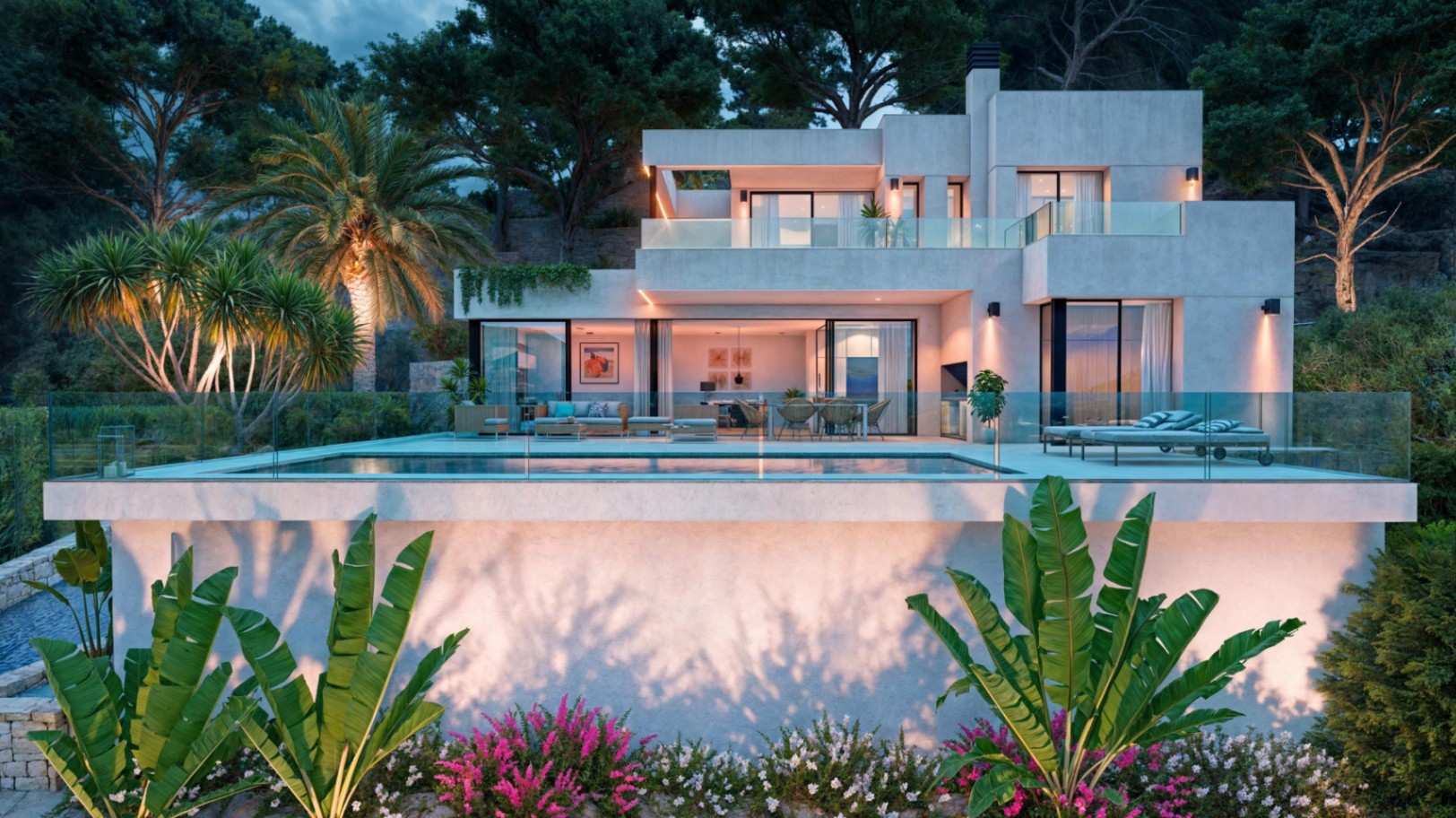 Vista exterior de la villa contemporánea con piscina infinita, amplias terrazas iluminadas y jardines mediterráneos integrados en el entorno natural de Calpe.