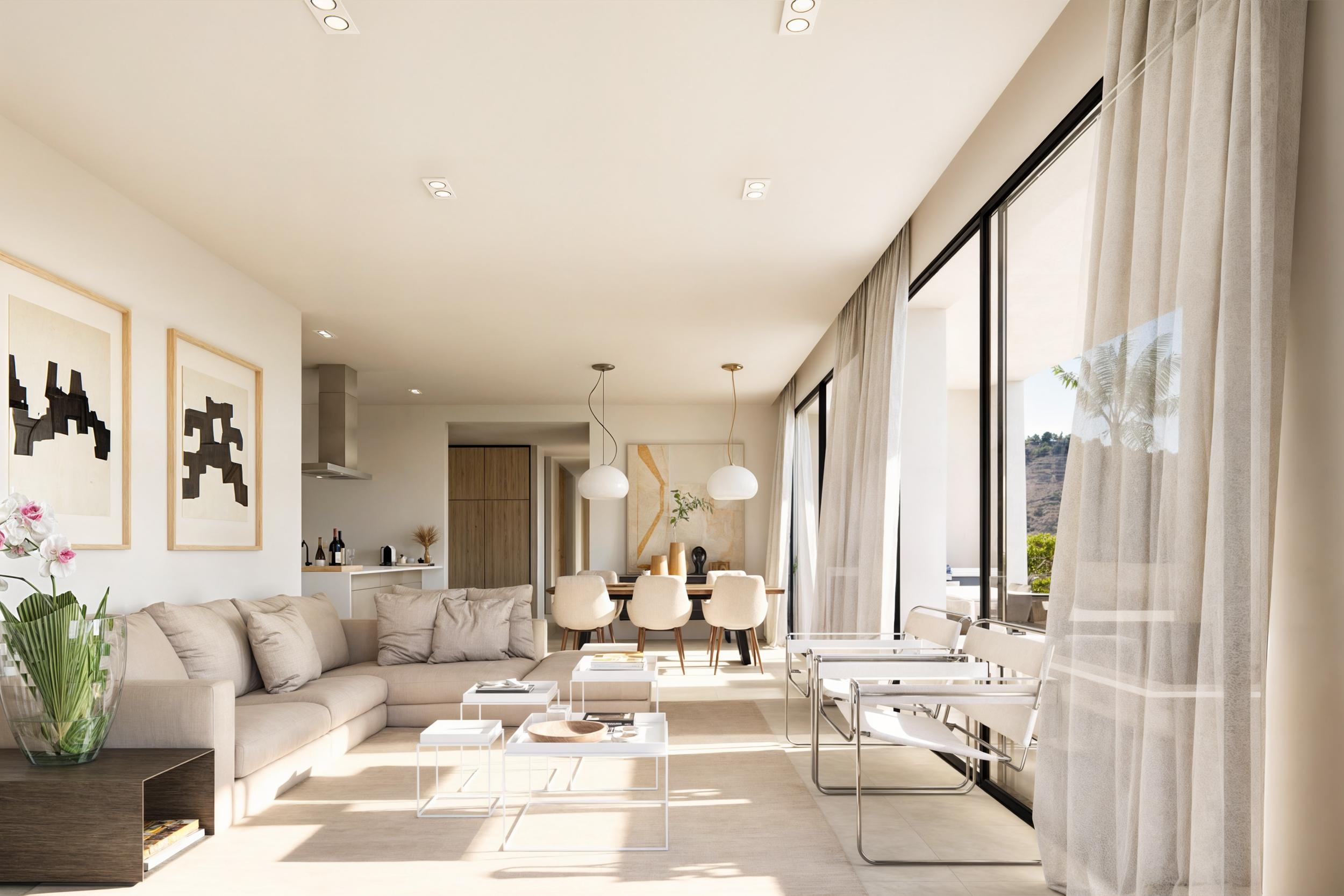 Luminoso salón-comedor con acceso a terraza y decoración minimalista.