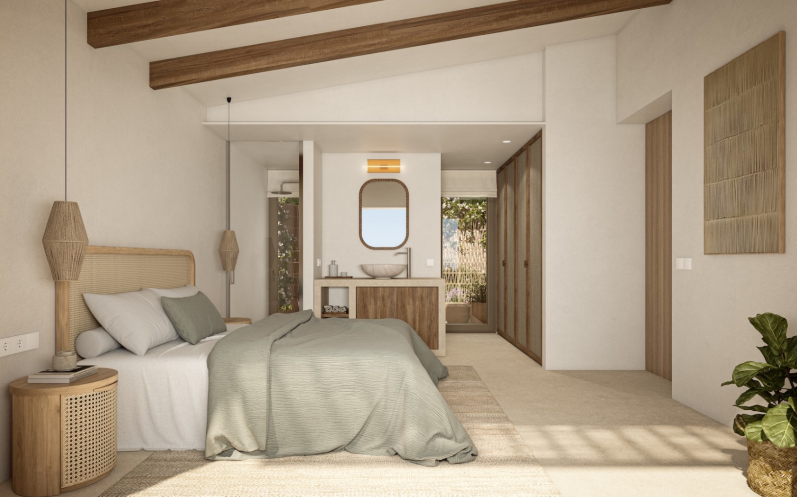 Dormitorio principal con vigas de madera, baño integrado con lavabo de piedra y armarios empotrados. Destaca su diseño orgánico y la conexión con una terraza privada.
