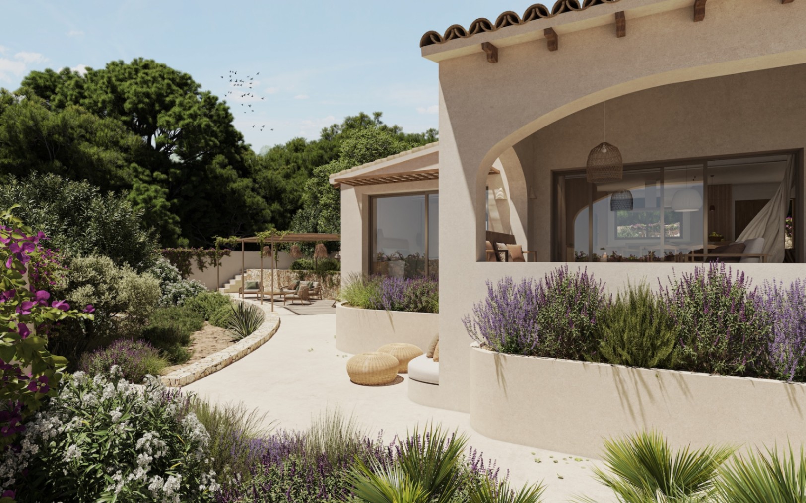 Exterior de la villa con porche arqueado, acabados en tonos arena y jardín mediterráneo con lavanda, buganvillas y una zona de estar integrada.