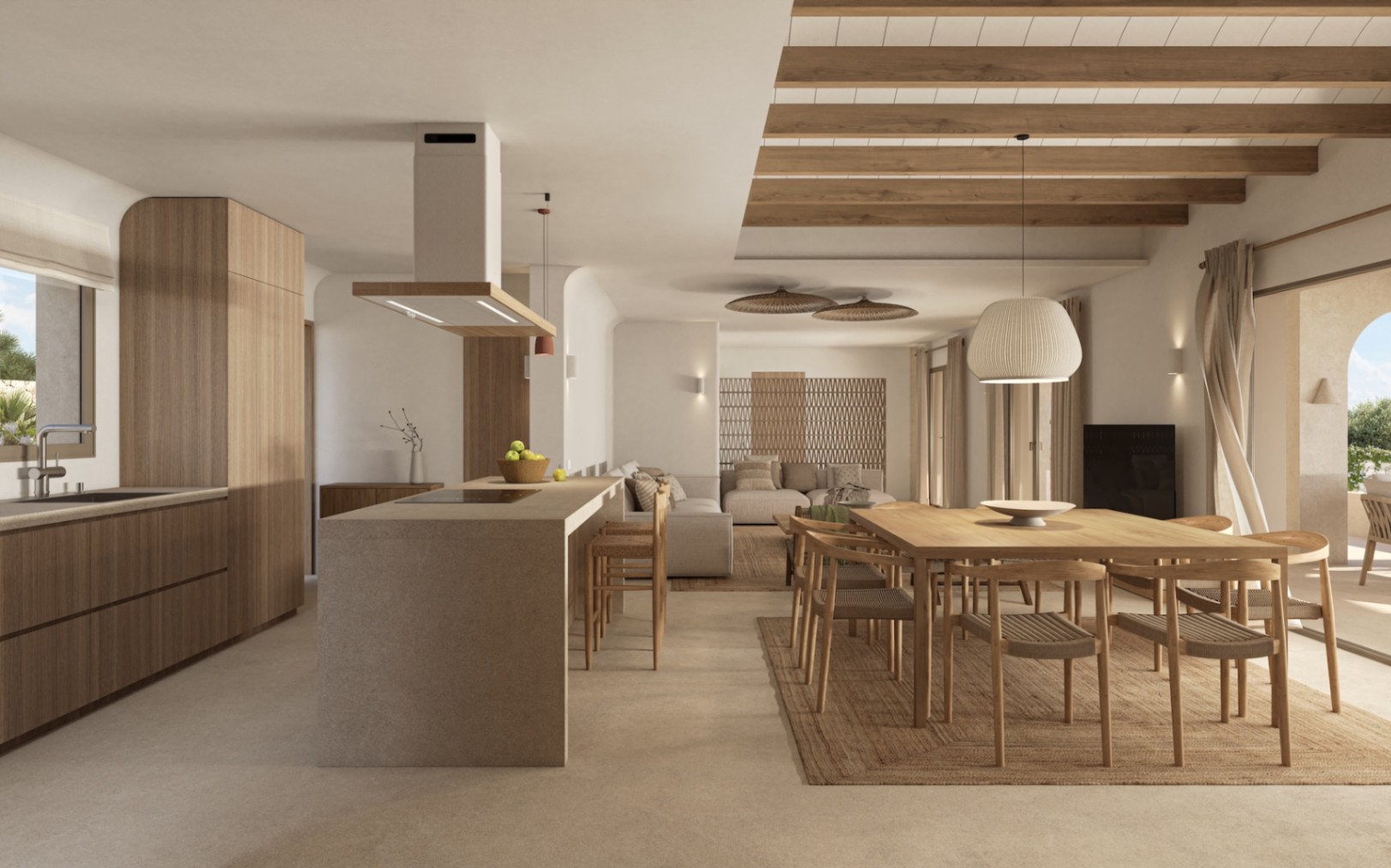 Salón-comedor y cocina de concepto abierto con vigas de madera vistas, isla central de piedra, mobiliario de madera natural y acceso directo al porche exterior.