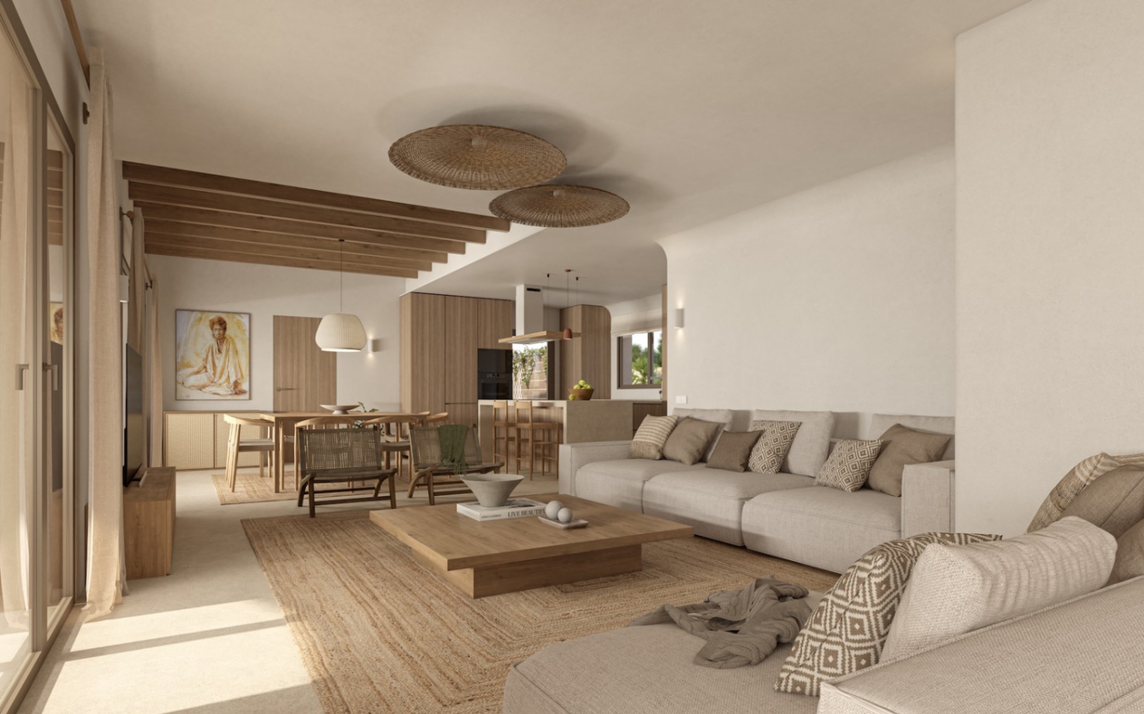Salón de concepto abierto con vigas de madera, mobiliario en tonos neutros, alfombras de fibras naturales y cocina integrada con isla al fondo.