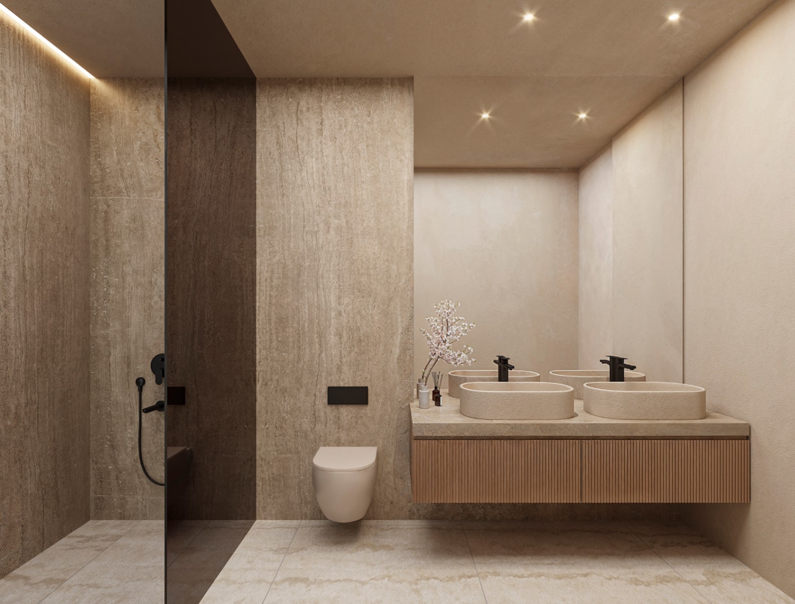 Baño contemporáneo con lavabo doble de piedra, grifería negra mate y revestimientos de piedra natural. Incluye inodoro suspendido y ducha con mampara de cristal.