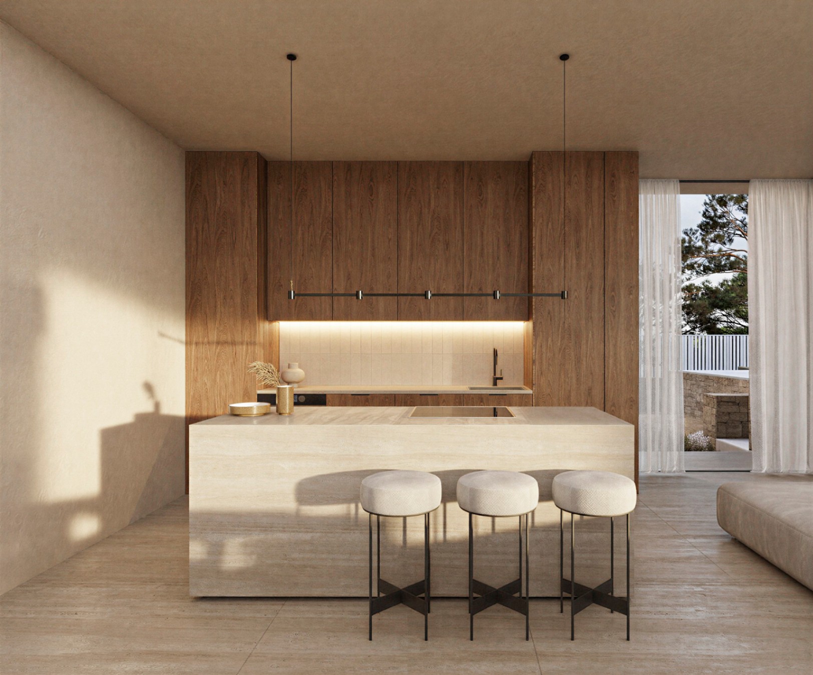 Cocina de diseño con isla de piedra natural, taburetes minimalistas y armarios de madera. La iluminación lineal y los tonos neutros crean un ambiente sofisticado y cálido.