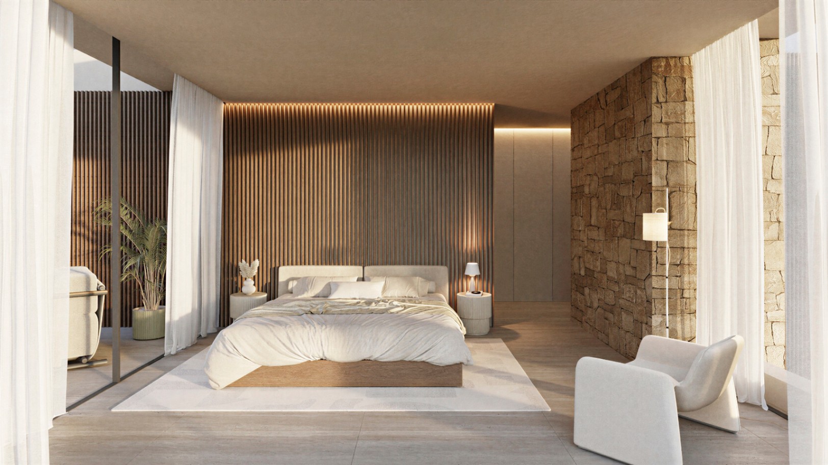Dormitorio principal con pared de listones de madera, iluminación LED integrada y muro de piedra natural. Grandes ventanales con cortinas blancas conectan con la terraza exterior.