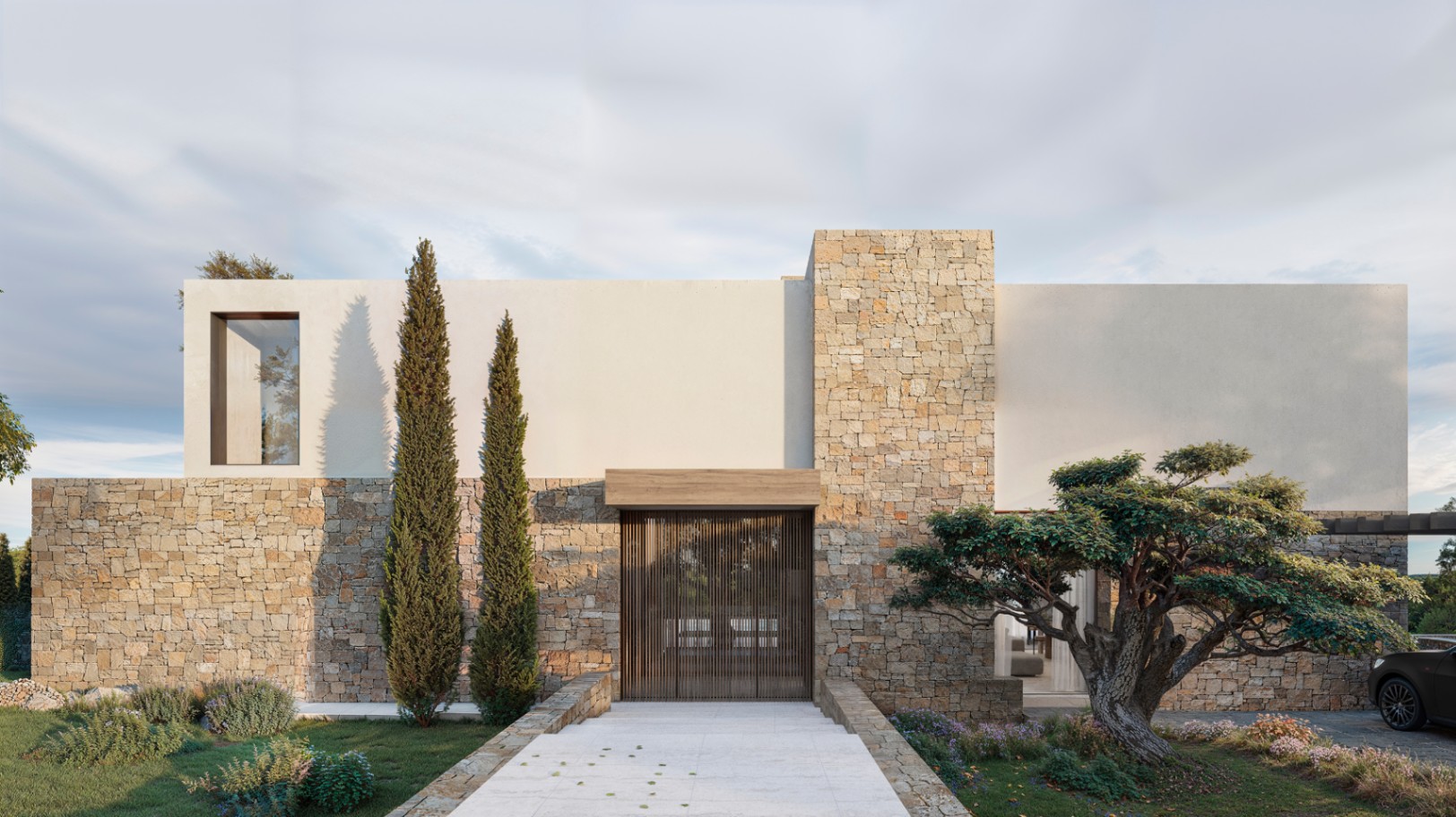 Fachada principal con muros de piedra natural, entrada con listones de madera y paisajismo mediterráneo con cipreses y un olivo ornamental.